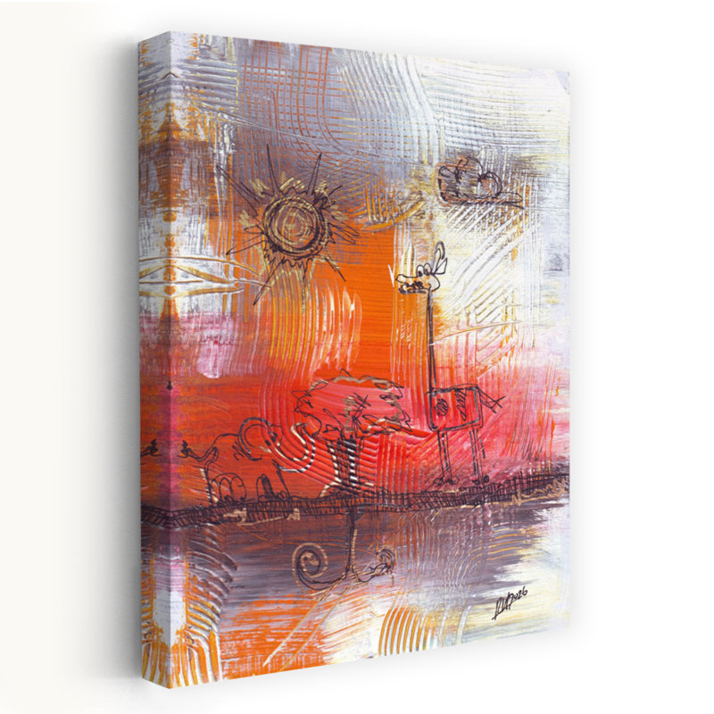 Whimsical African Safari Scene With A Lion Giraffe And Sun Rendered In Abstract Art Style by Rafal Kulik - Wrapped Canvas Print