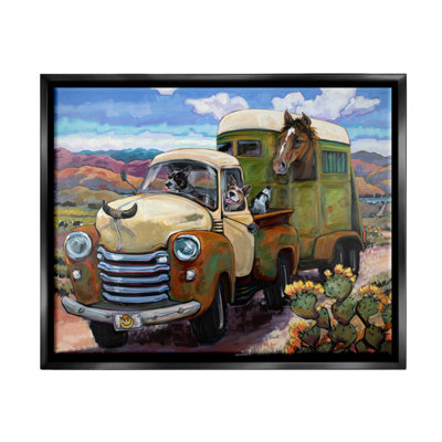 Chiens au volant d'un camion rustique rétro avec chariot à cheval, art mural par CR Townsend