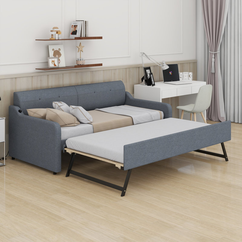 Twin Size Upholstered Elegant Daybed With USB Charging Design, Twin Size Sofa Bed, Wood Slat Support Daybed For Family, Teens, No Box Spring Needed