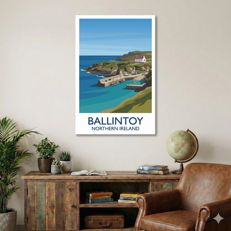 Ballintoy, Northern Ireland - Romantic Coastal Travel Poster of Harbour, Cliffs and Sea. Giclee Print on Wrapped Canvas. Wall Art, Home Decor - Cities & Towns, Northern Ireland 1 Piece Wrapped Canvas Wall Art