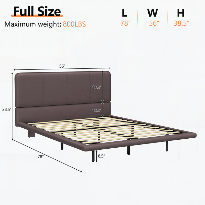 Structure de lit flottante avec lumière DEL, lit plateforme moderne en similicuir, aucun sommier requis, Café, Complète