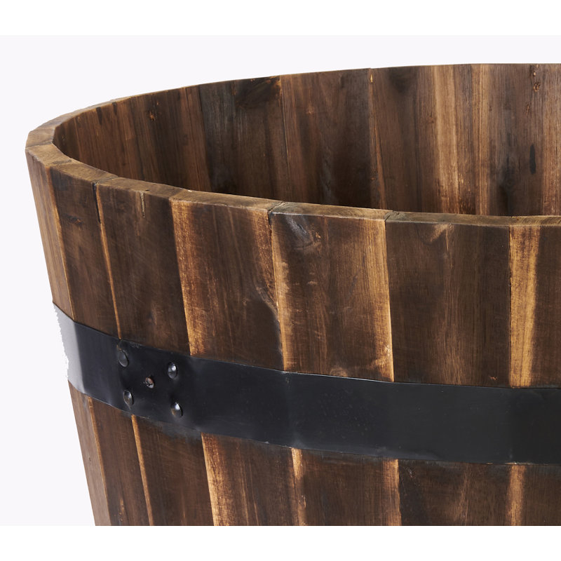 Large Acacia Wood Barrel Planter Burnt Finish, 16" Height, 25" Width
