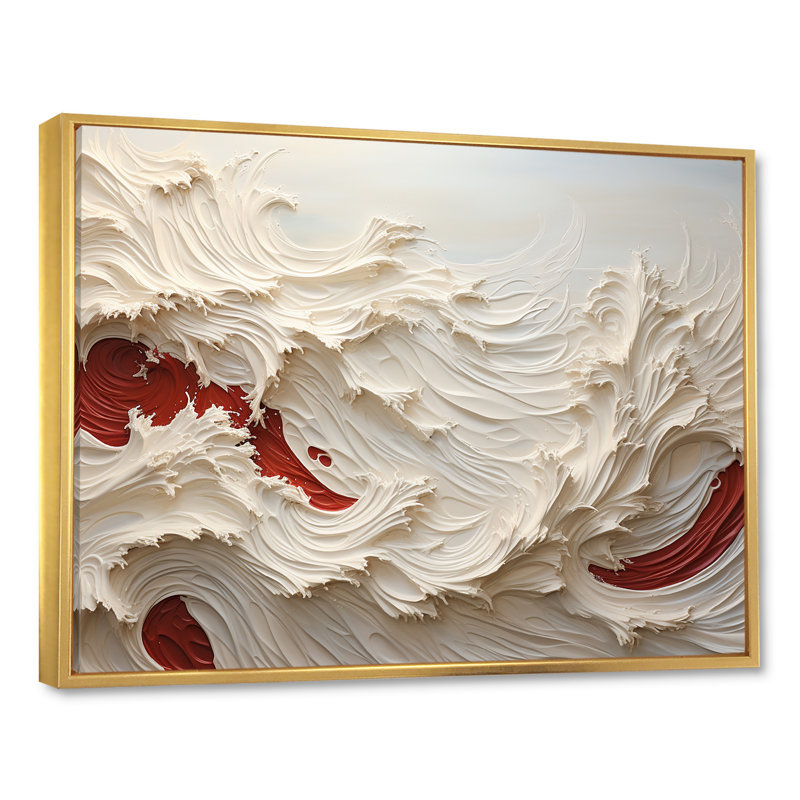 «White and Red Wave Papercut Style - Coastal Waves», reproduction sur toile, Cadre flottant doré