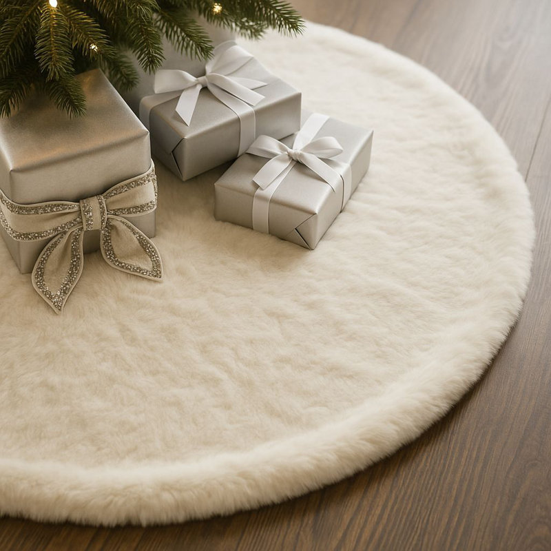 Tapis arbre de Noël - blanc cassé, 59,1 po x 59,1 po | 100% polyester, lavable à la machine à 68 ° F | Comprend 8 rubans, parfaits pour la décoration et la protection des Fêtes | Conception douce et élégante pour une atmosphère festive