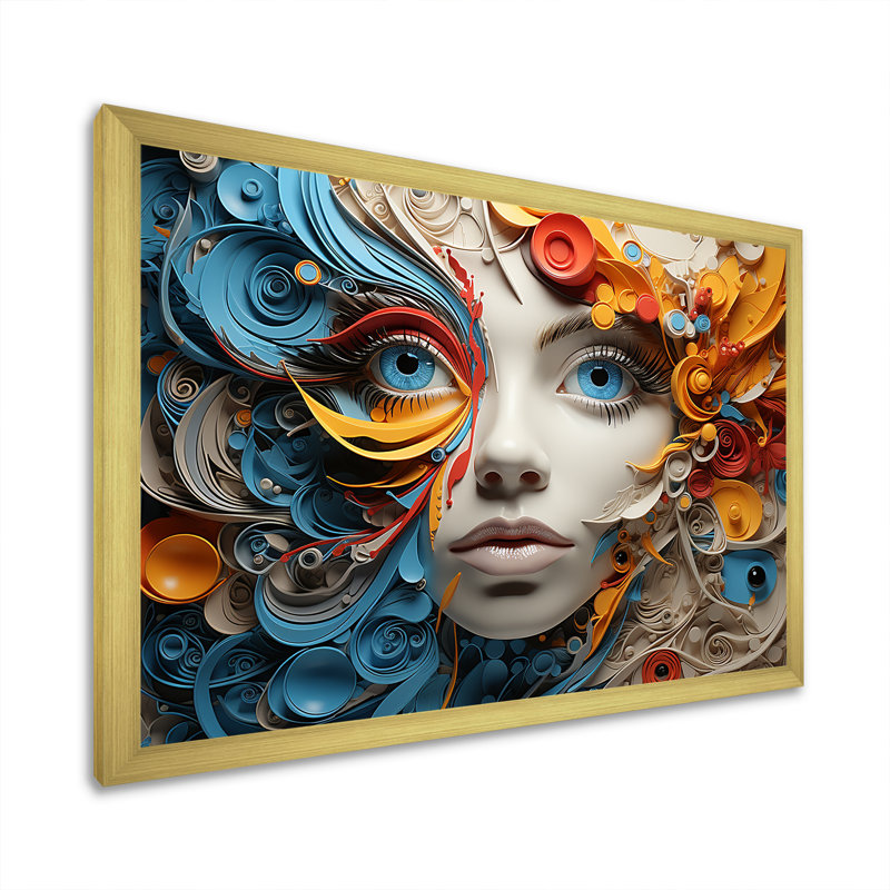 «Surréalisme bleu et lecture femme collage sur toile», Encadrement doré, H 16 po x l 32 po x P 1 po