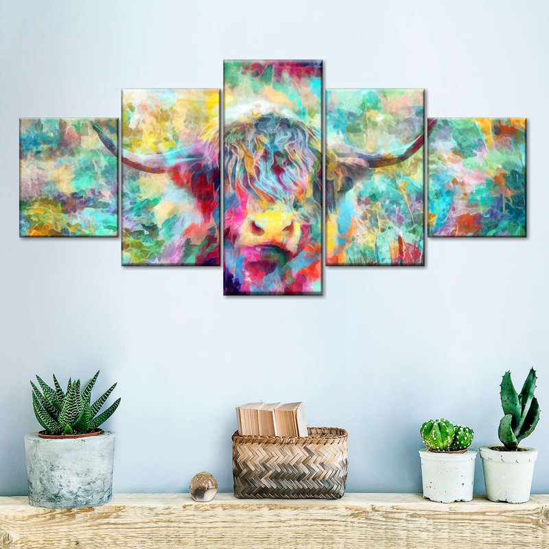 «Highland Cow», impression colorée sur toile 5 pièces Highland Cow, H 42 po x l 92 po x P 1,25 po