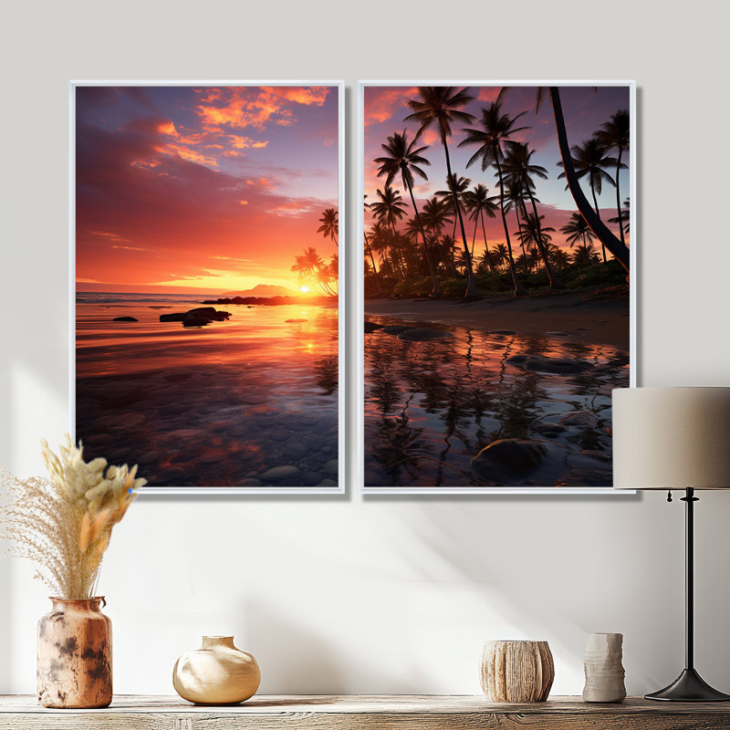 Hawaii Hawaiian Sunrise - Art mural moderne, H 36 po x l 48 po, Impression encadrée flottante, Blanc