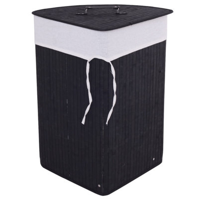 72L Corner Bamboo Laundry Hamper with Lid, Removable Liner & Foldable Design