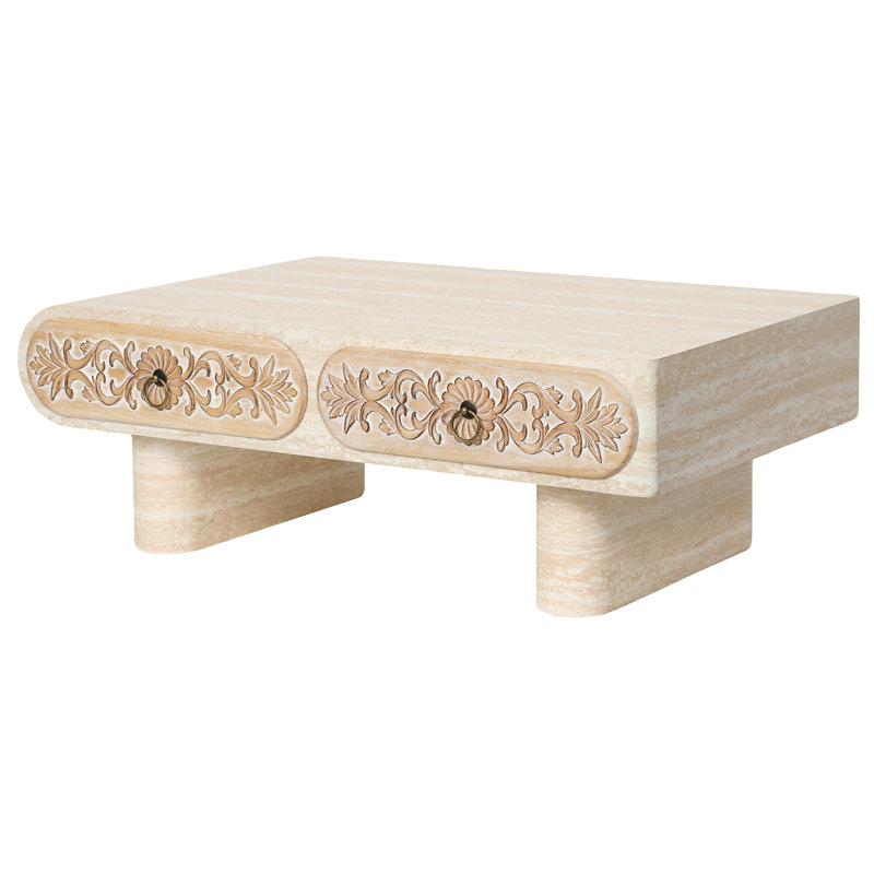 Table basse moderne aux bords arrondis avec tiroir en bois massif et motif floral, beige et jaune, largeur 60 cm, table de rangement astucieuse, lignes épurées, tons chauds, 100 cm L x l 35 cm H, idéale pour les petits espaces