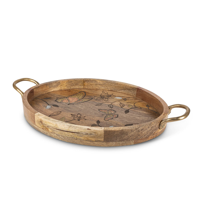Mango Wood with Laser Butterfly Design Oval Tray with Handles.