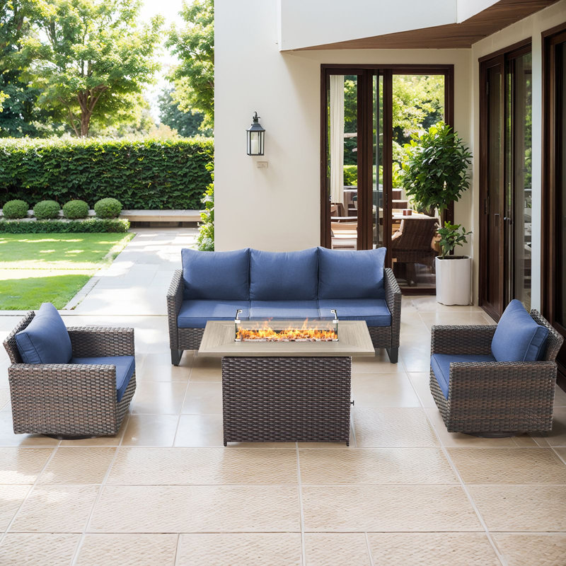 Naresa 4-Piece Outdoor Sofa Set, Wicker Patio Furniture Set With Fire Pit Table, All-Weather PE Wicker