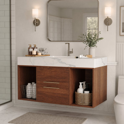 Ensemble de meuble-lavabo mural simple flottant 39,4 "avec plateau en pierre frittée et 2 tiroirs