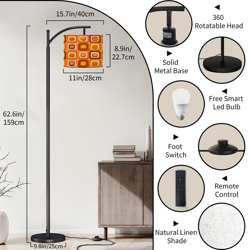  Lampe sur pied arquée rétro des années 70, orange, brun, jaune, beige, beige, rétro, années 60, années 70