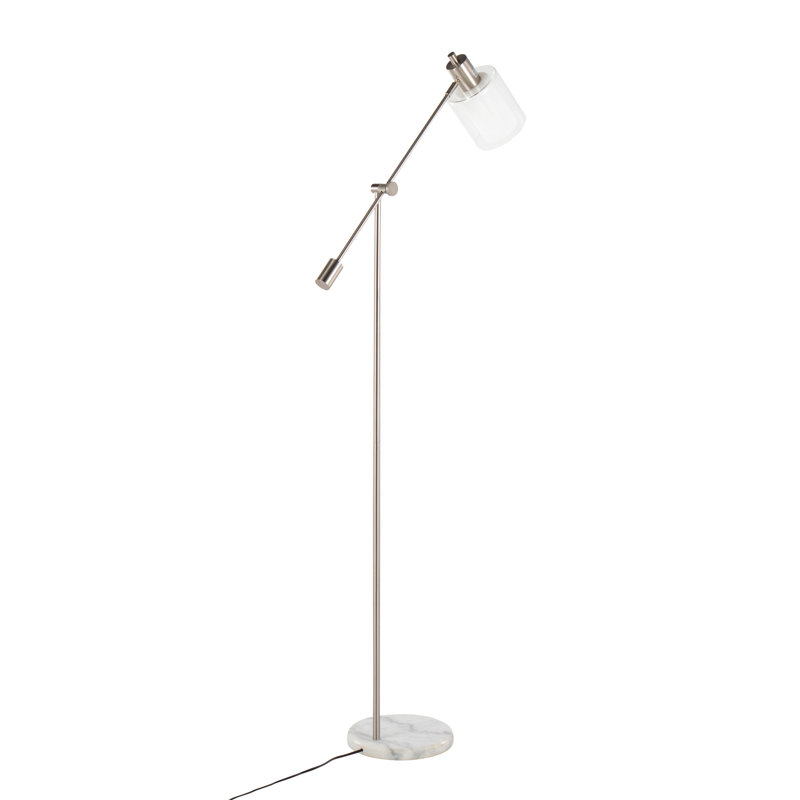 Marcel Contemporary/Glam Floor Lamp In White Marble And Nickel Metal With Clear And Frosted Glass Shade