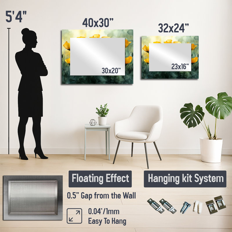 Golden Hour Poppies In Summer II - Art mural décoratif en miroir floral - imprimé sur métal, 30 po x 40 po