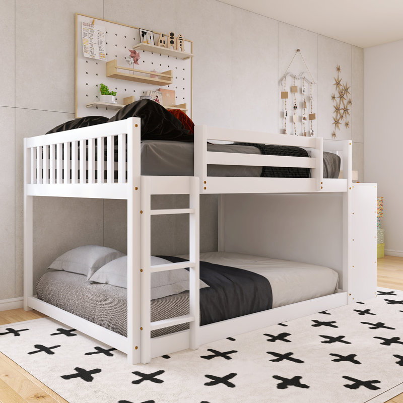 Lit superposé double avec 4 tiroirs et 3 tablettes, Double sur double, Blanc