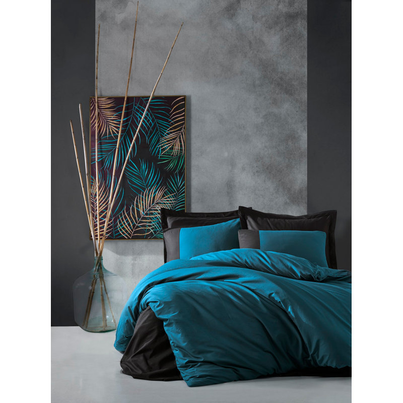 Ensemble de housse de couette de luxe 3 pièces Ranforce, bleu pétrole et noir | 100% coton, housse de couette 78,7 po x 86,6 po, drap plat 94,5 po x 102,4 po, 2 taies d'oreiller 19,7 po x 27,6 po | Impression réactive, lavable à la machine, design élégant