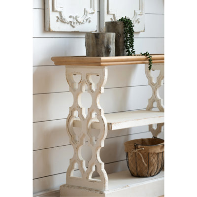 Console/étagère en bois naturel blanc vieilli, plateau de 90 x 36 x 81 cm, apporte une touche d'élégance à votre intérieur. Plateau en bois de style campagnard français, style élégant et fonctionnel.