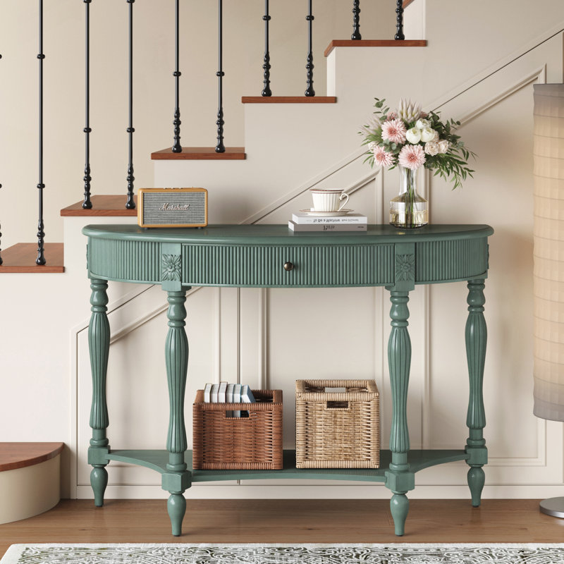 Console demi-lune avec tiroir et tablette, Antique Green, Antique Green, Vert antique