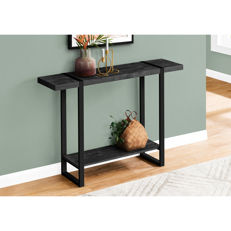 Table d'appoint rectangulaire pour chambre à coucher - fini noir récupéré d'aspect bois, tablette fixe, console de salon et d'entrée moderne en métal, plateau de table large avec design
