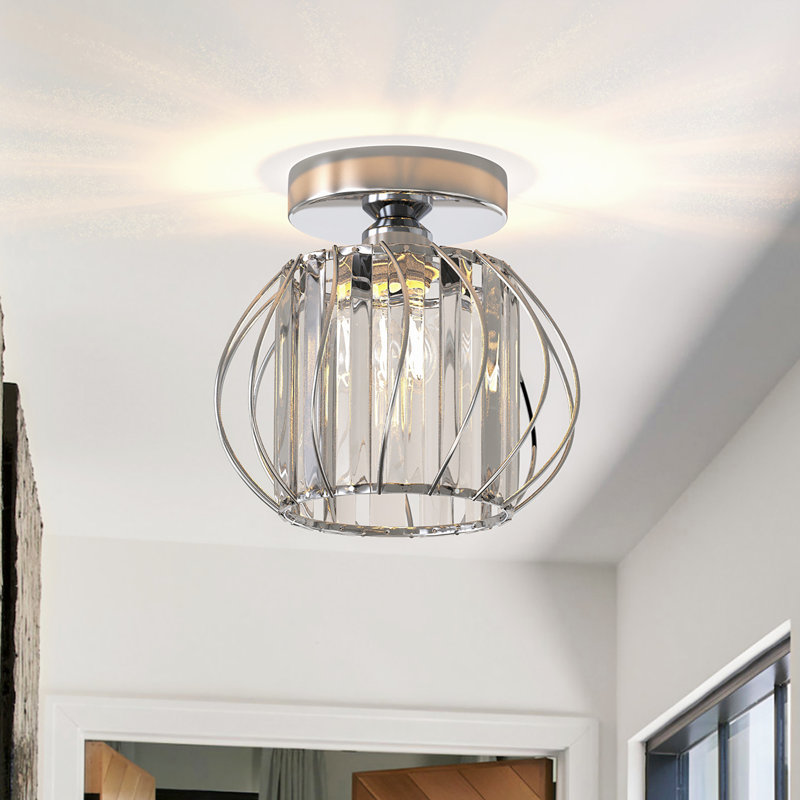 Small Semi Flush Mount Crystal Ceiling Light Bedroom Living Room Chandelier, Silver, 7" H x 7" W x 7" D