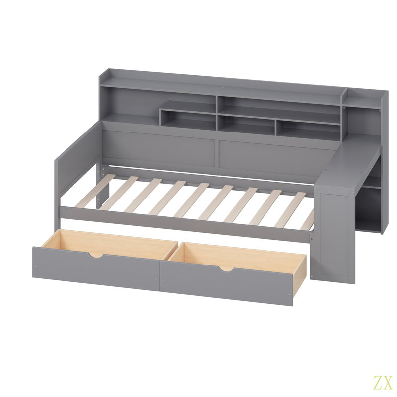 Wooden Twin Size Daybed With Storage Shelves, Multi-Functional Bed With Two Storage Drawers And  Study Desk, Twin