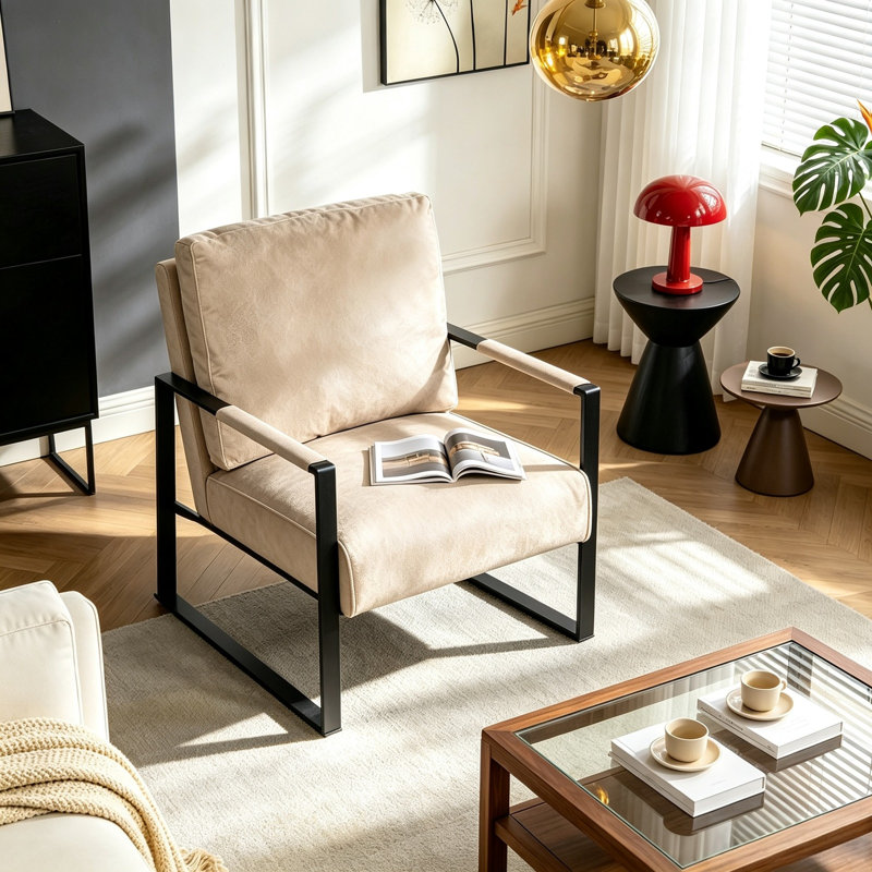 Fauteuil d'appoint moderne du milieu du siècle avec structure métallique carrée et revêtement en microfibre à pois, fauteuil durable pour salon ou bureau