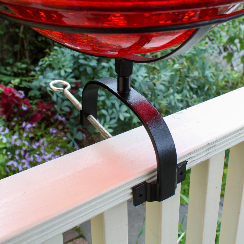 Bain d'oiseaux en verre craquelé avec support sur rail, Rouge, H 9 po x l 14,5 po x P 12,5 po