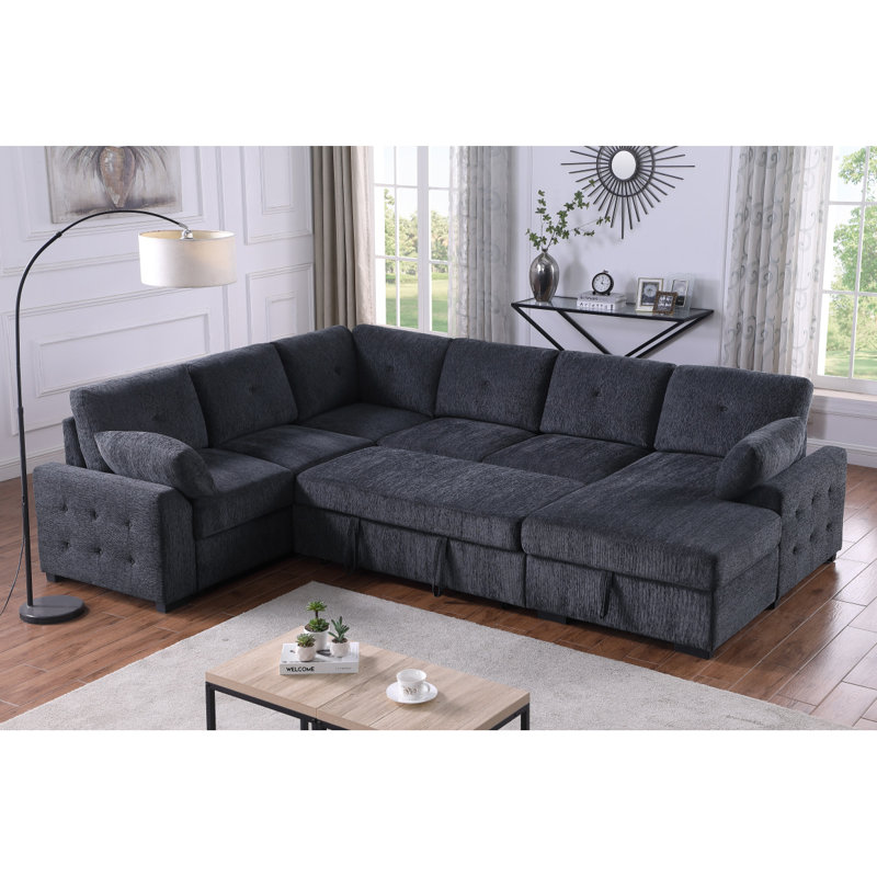 Canapé d'angle multi-fonctionnel en forme de L avec rangement et lit convertible, Gris foncé