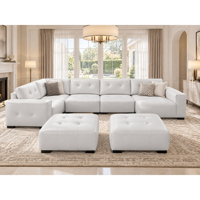 7 Piece Breathable Leather Sectional Modular Sofa with Two Removable Ottomans, Snow White Faux Leather