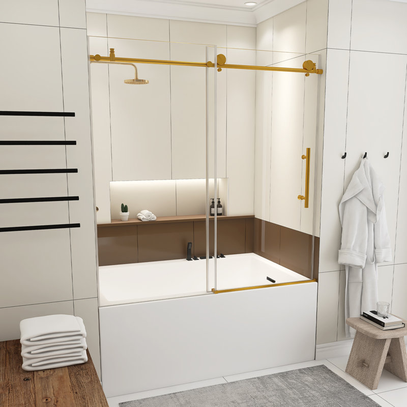 56-60.In W X 60.In H Frameless Shower Door Single Sliding,1/4 Inch Thick Clear Tempered Glass, Explosion Proof Film, Stainless Steel Handle,Brushed Gold