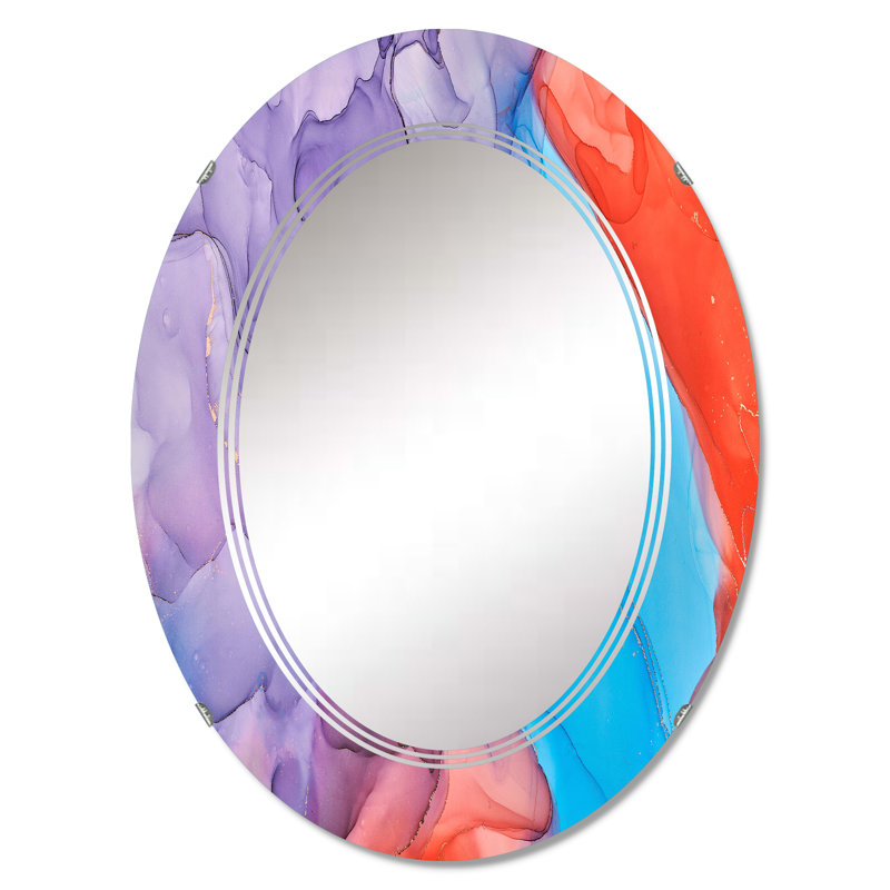 Bleu, rouge, orange, liquide, art moderne, miroir mural ovale, 30 po x 20 po