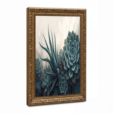 Teal Agave and Rosette Succulents with Gold Speckles Canvas Wall Art