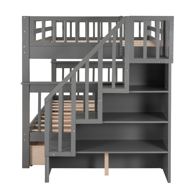Gray Stairway Bunk Bed, , With Drawer, Storage, And Guard Rail For Bedroom Space Saving Comfort Style, Gray