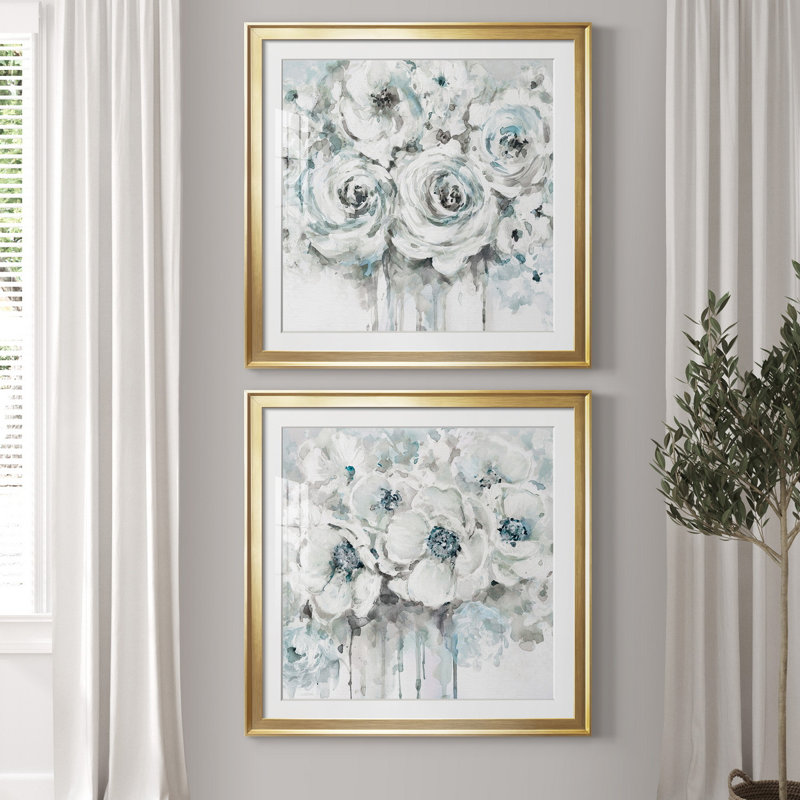 " Spring Blues I " 2 - Pieces, White, 30.5" H x 61" W x 1.5" D, Gold Framed Paper
