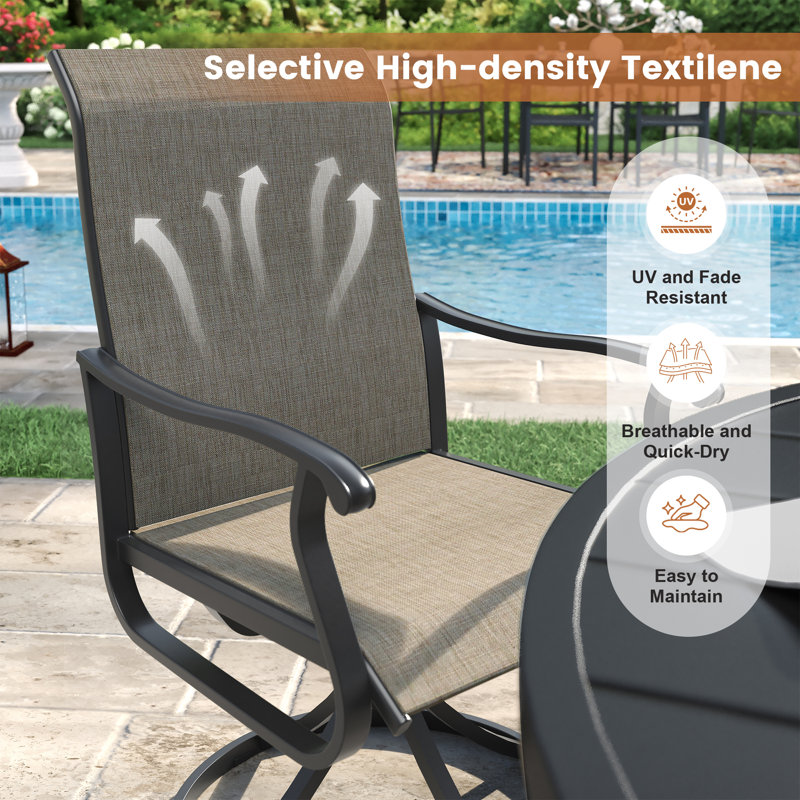 Outdoor Patio Dining Set - 41.7” Round Table with Umbrella Hole & Storage Shelf + 4 Swivel Chairs, Black/Brown