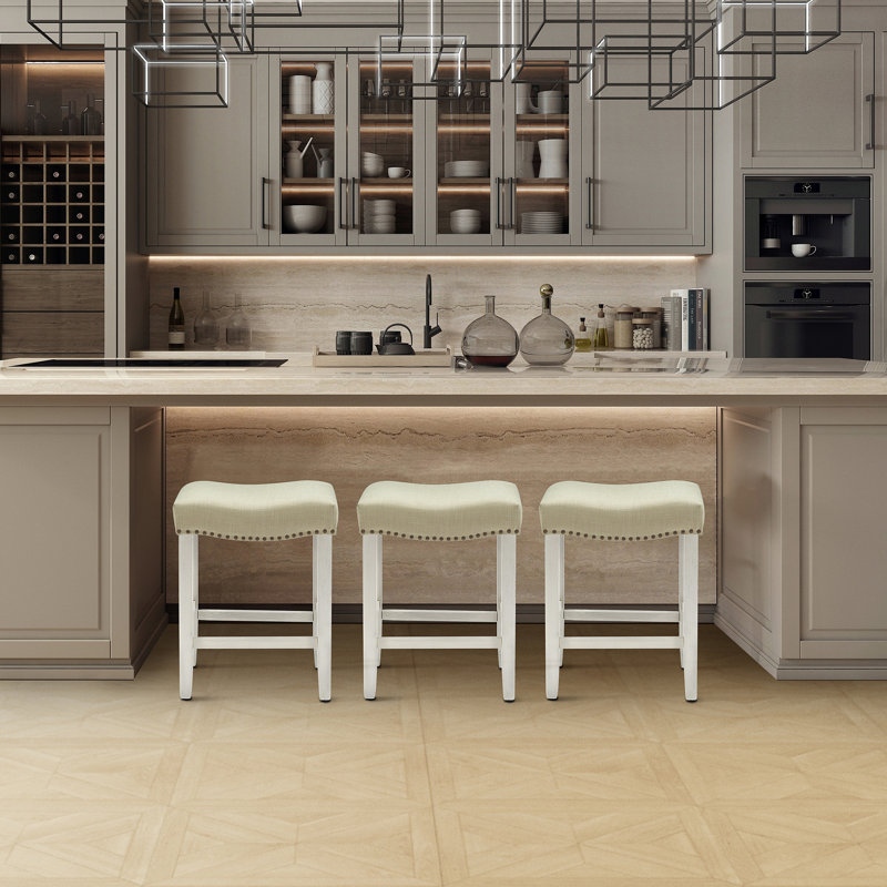 Tabouret Jameson, Tabouret de comptoir (siège d’une hauteur de 24, Tissu beige / cadre blanc