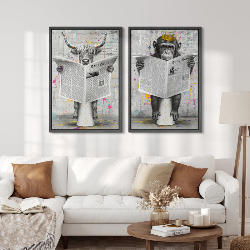 Reproduction d'art journal sur toile, impression de vaches et de singes des montagnes des Graffiti pour une salle de bain moderne urbaine ou un loft
