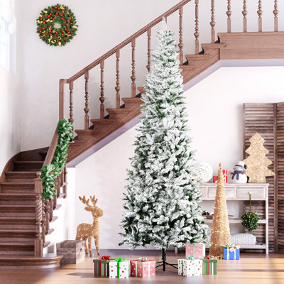 Unlit Snow-Flocked Slim Pine Artificial Christmas Tree With Realistic Branches And 1084 Tips