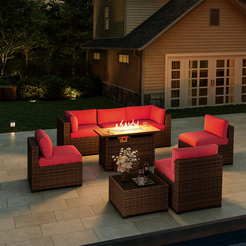 Ensemble de meubles de patio 8 pièces avec foyer au gaz propane, Rouge, Brun