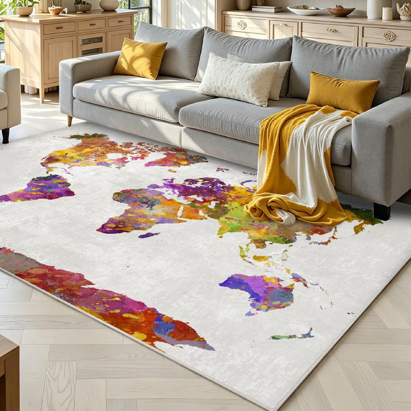 Tapis d'intérieur transparent, lavable à la machine, carte du monde aquarelle, Rectangle 71 po x 98 po