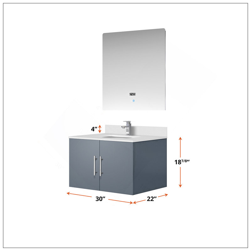 Meuble-lavabo polyvalent x 22 po , Comptoir en quartz blanc, ensemble de robinets et Miroir à DEL, Gris foncé