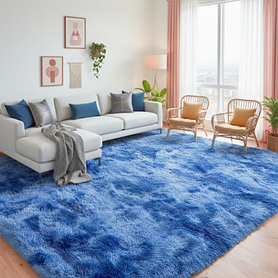 Tapis 9 x 12 pour salon, grand tapis à poils longs pour la chambre à coucher, envers antidérapant de qualité supérieure, idéal pour les endroits très passants à l'intérieur, teint en bleu