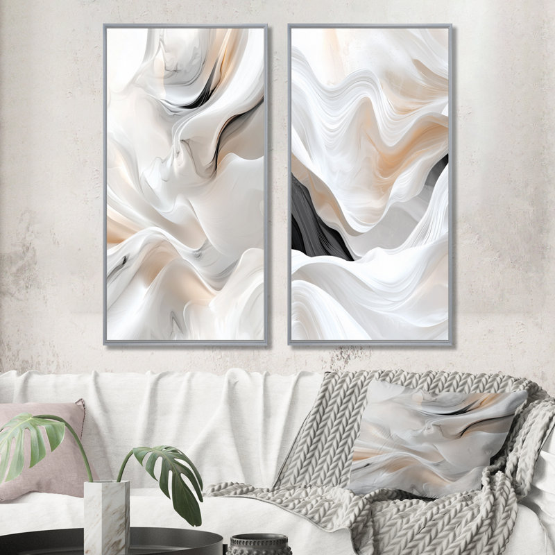 «White Ripples Of Stone III - Abstract Modern Waves», ensemble de 2 pièces d'art mural, Encadrement argenté