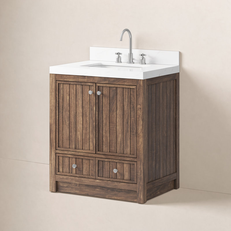 Meuble-lavabo 30 po avec comptoir en quartz blanc Thassos Aula, Brun noyer classique