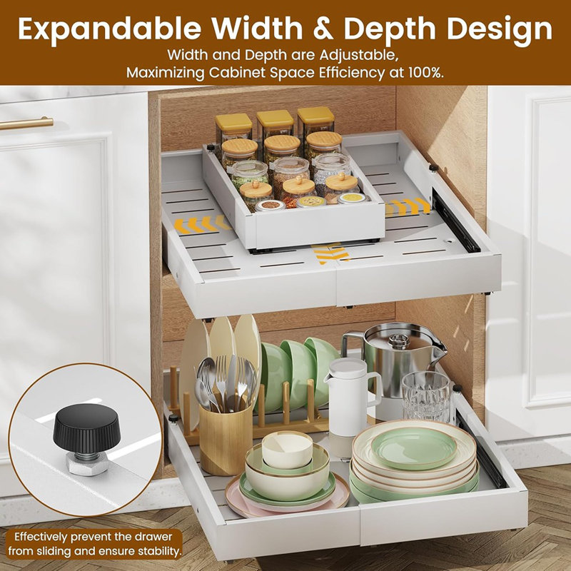 Pull-Out Cabinet Organizer, 2-Pack – Expandable 12–20” Width, 16–22” Depth, Slide-Out Roll-Out Drawers With 3 Rails
