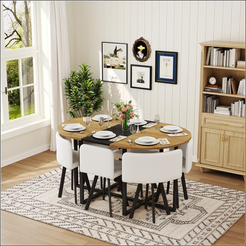 Ensemble de table de salle à manger 7 pièces ovale avec grain de bois fixe et plateau en triamine noire et 6 chaises en similicuir blanc, parfait pour les petits espaces et les cuisines modernes