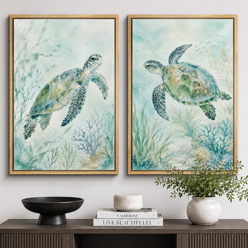 Tortue de mer sous-marine, œuvre d'art côtier, images de salle de bain, impression sur toile encadrée, 2 pièces
