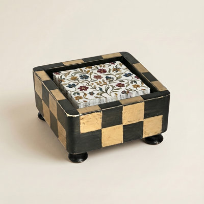 Porte-serviettes à carreaux en bois - Serviette de cocktail carrée rustique fabriquée à la main avec des pieds en oignon, finition vieillie