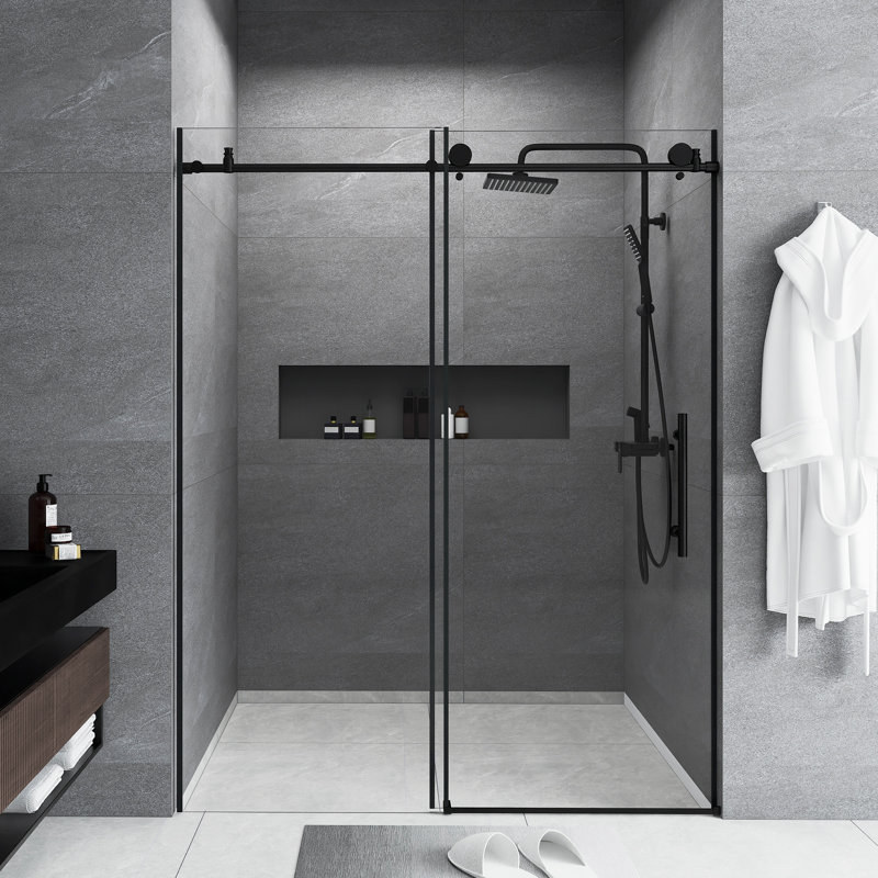 56-60 "W X 76" H Frameless Shower Door | Single Sliding | 1/4 Inch Transparent Tempered Glass With Explosion Proof Film | Stainless Steel Handle | Matte Black